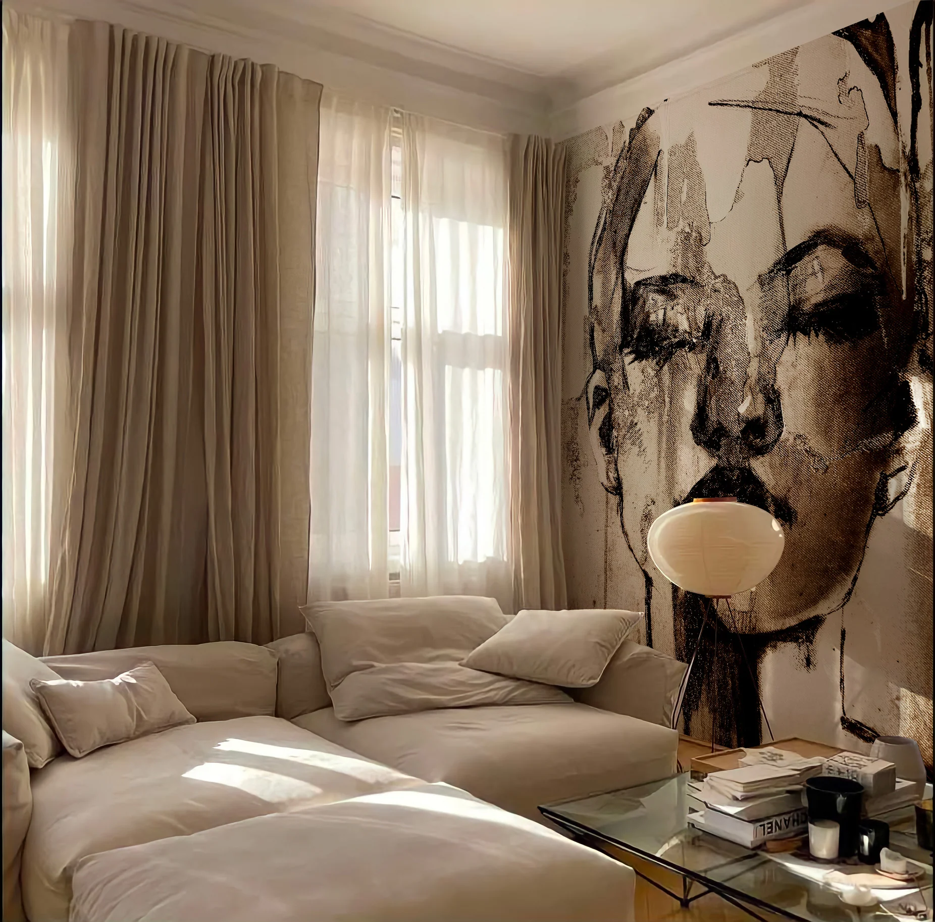 llustration de la collection Culture & Personnages par le papier peint AYA, dessin minimaliste d'un visage sur mur clair dans une chambre moderne au ton beige.