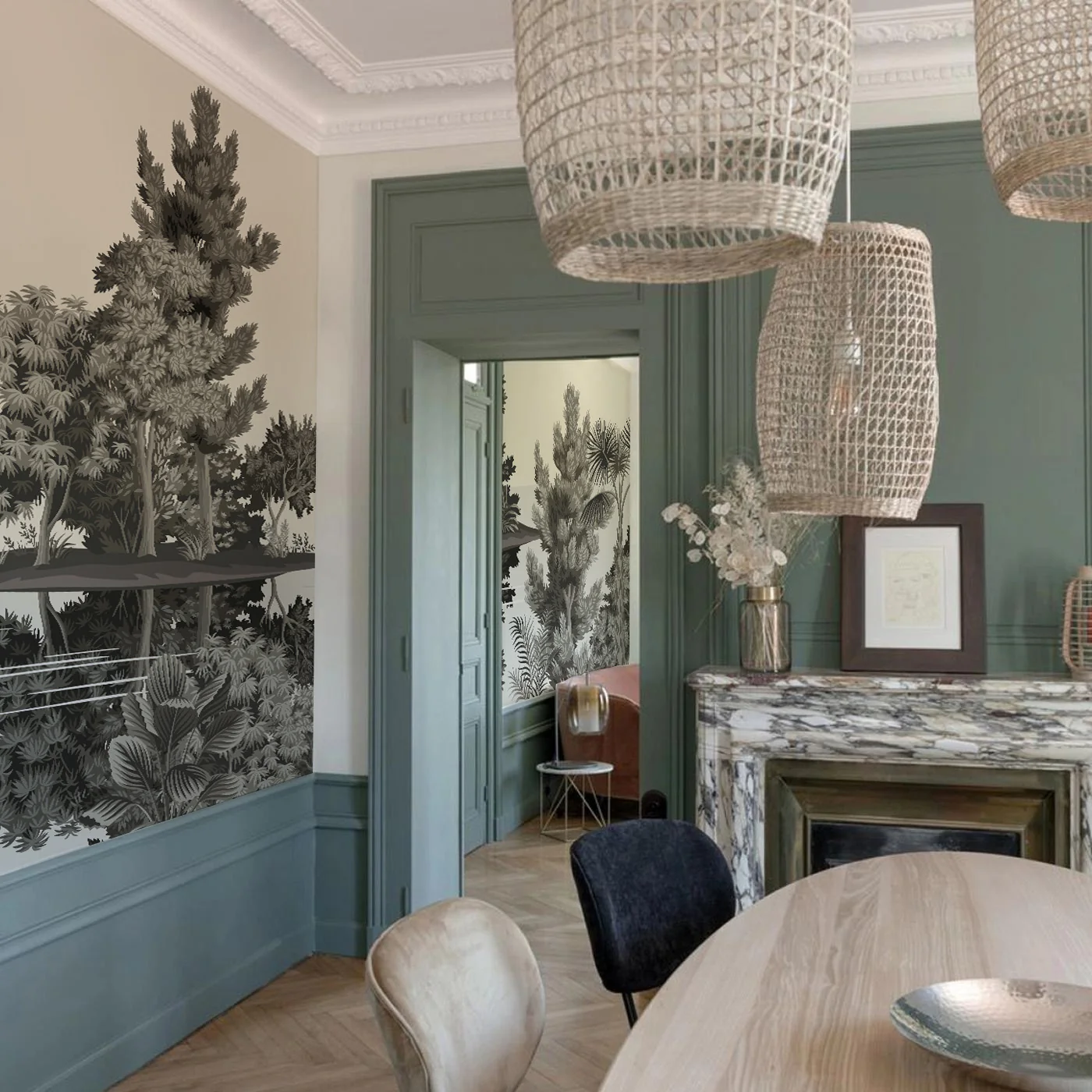 Mise en situation du papier peint Champos au style boisé dans une salle à manger.