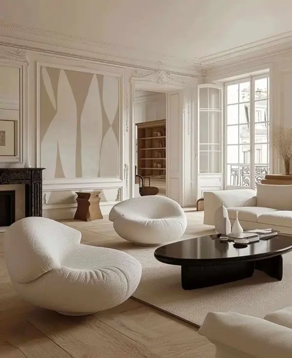 Illustration de la collection Art et Design par le papier peint CALICOT, motif graphique beige et blanc dans un salon lumineux et épuré.