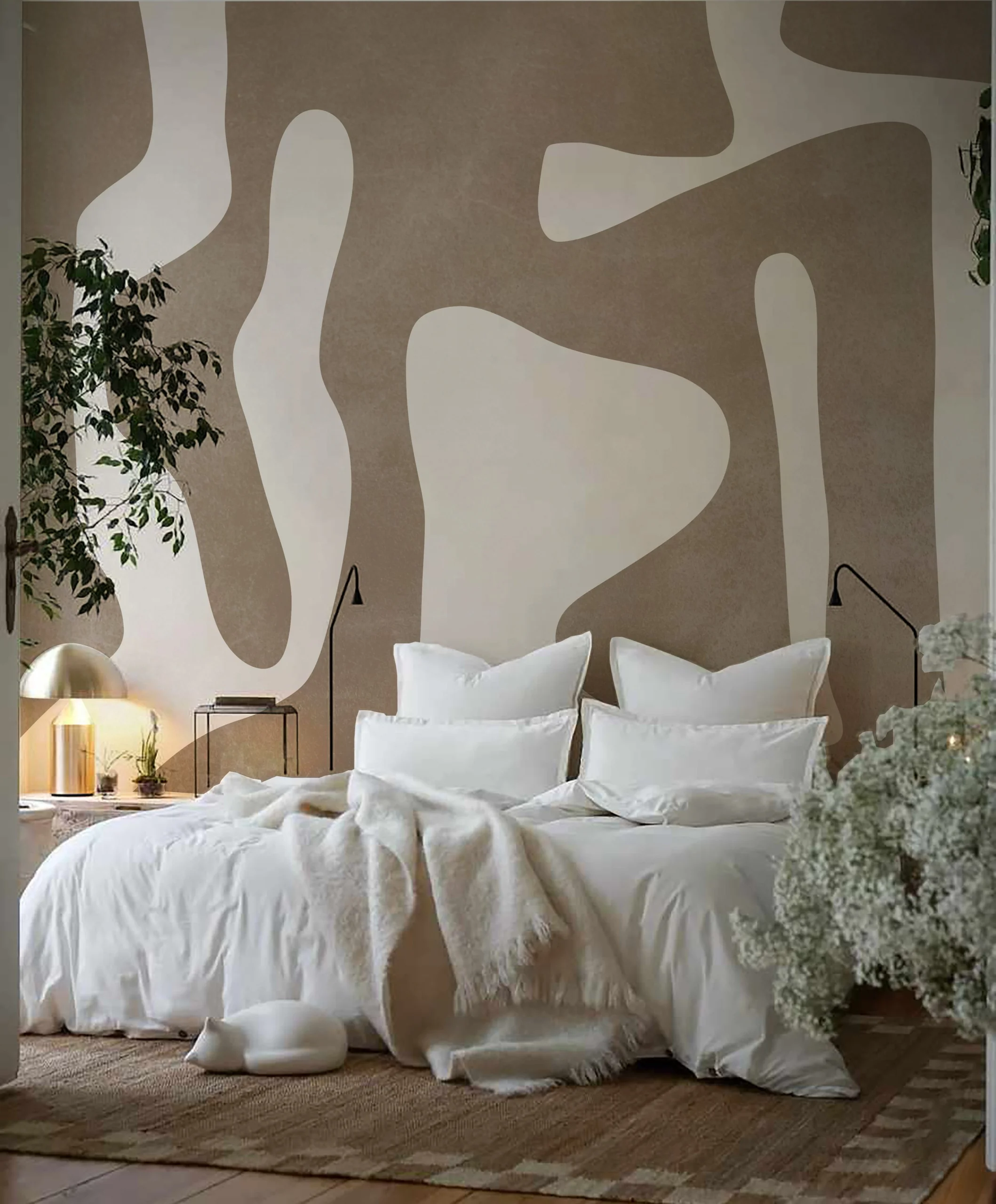 Mise en situation du papier peint Boho Beige, un style au motif irrégulier dans une chambre.