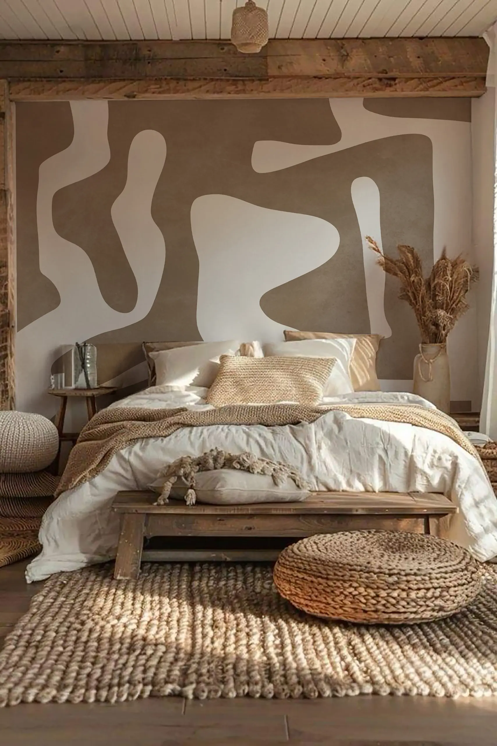 Illustration de la collection Bohème et Gravures par le papier peint Boho Beige dans une chambre au style bohème.