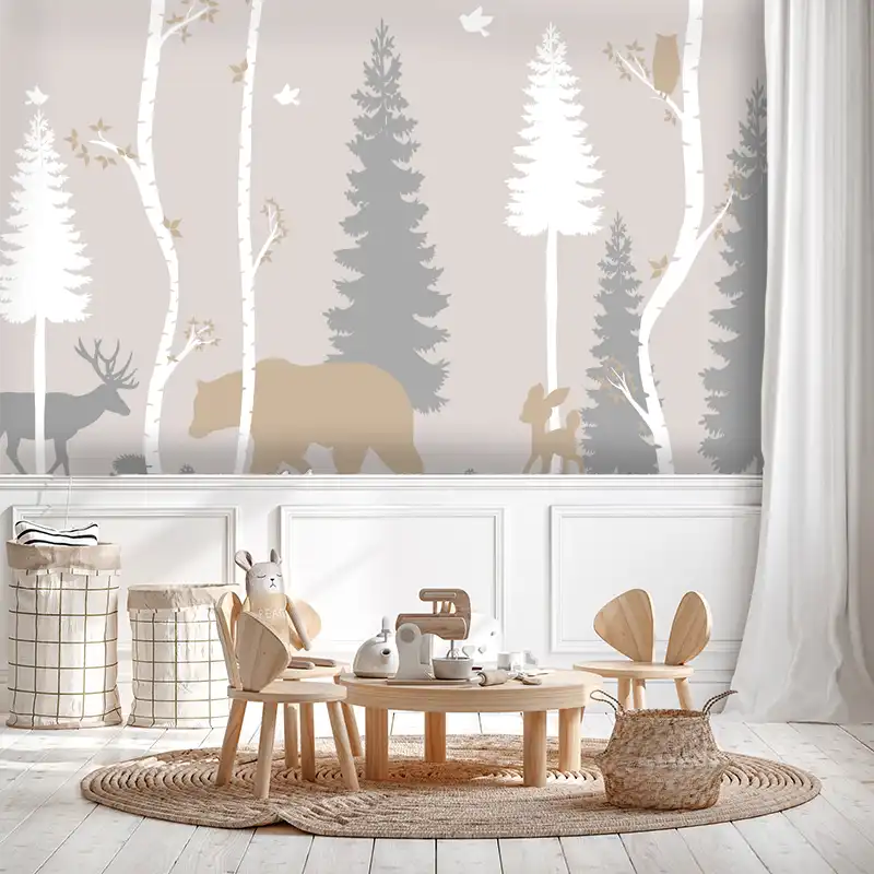 Illustration de la collection Enfant par le papier peint Dinopark, motifs enfantins d'animaux dans une forêt dans une salle de jeux.