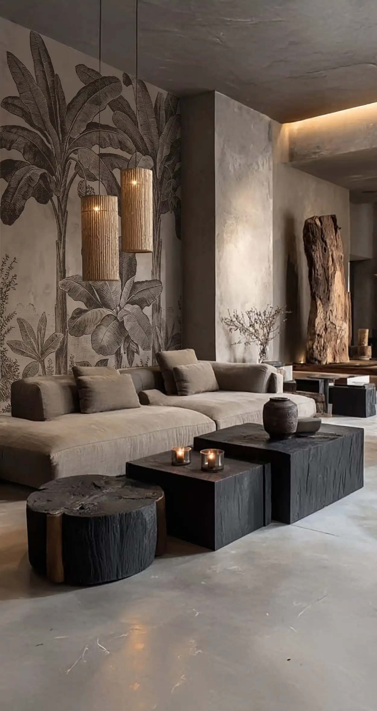 Illustration de la collection Nature et Paysages par le papier peint Meryl Beige dans un salon moderne pour un rendu végétal et moderne.