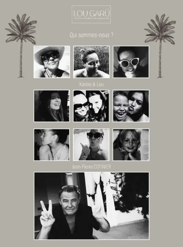 Une composition de photos de famille en noir et blanc illustrant l'histoire et l'équipe créative de Lou Garu.