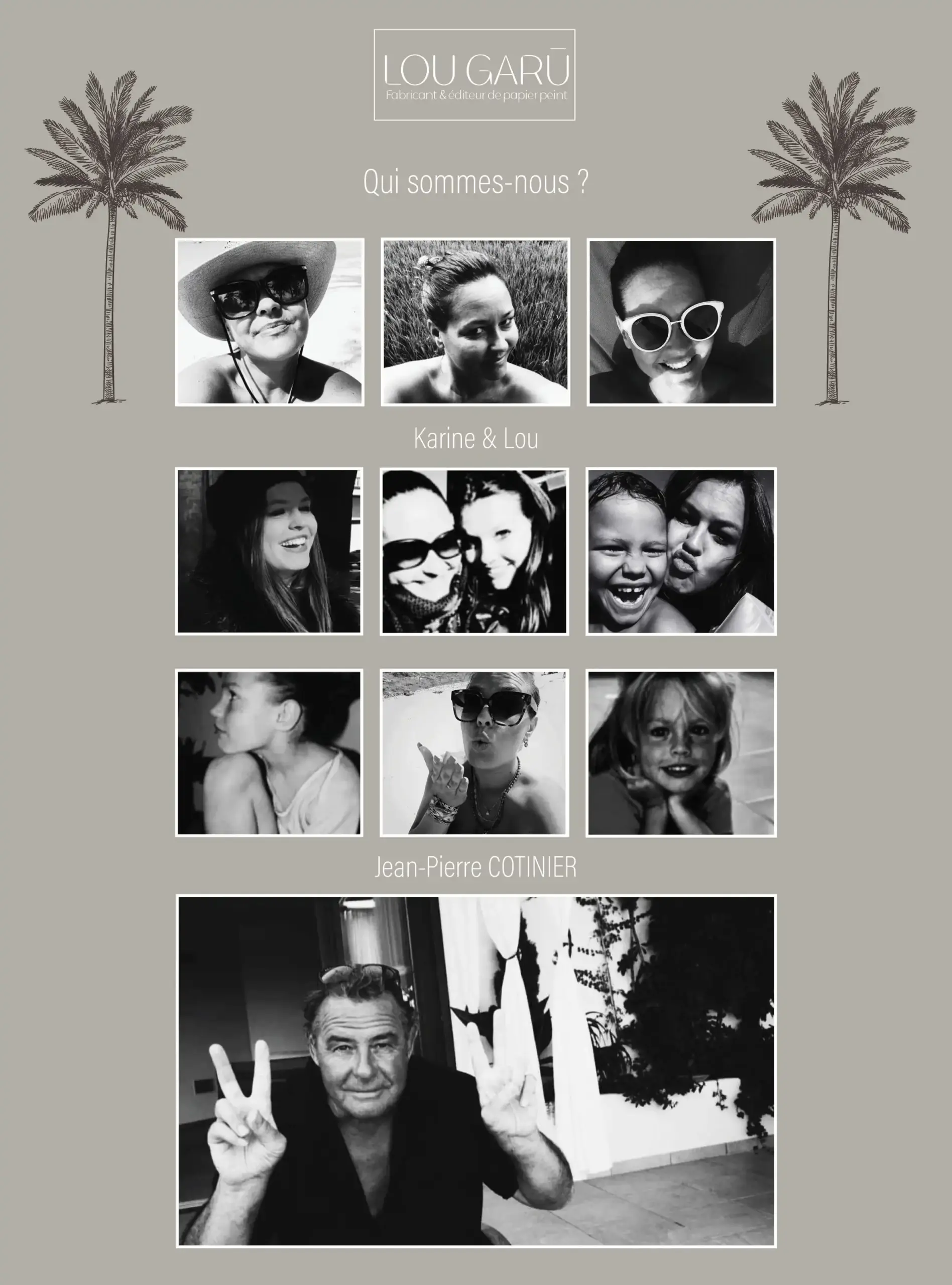 Une composition de photos de famille en noir et blanc illustrant l'histoire et l'équipe créative de Lou Garu.